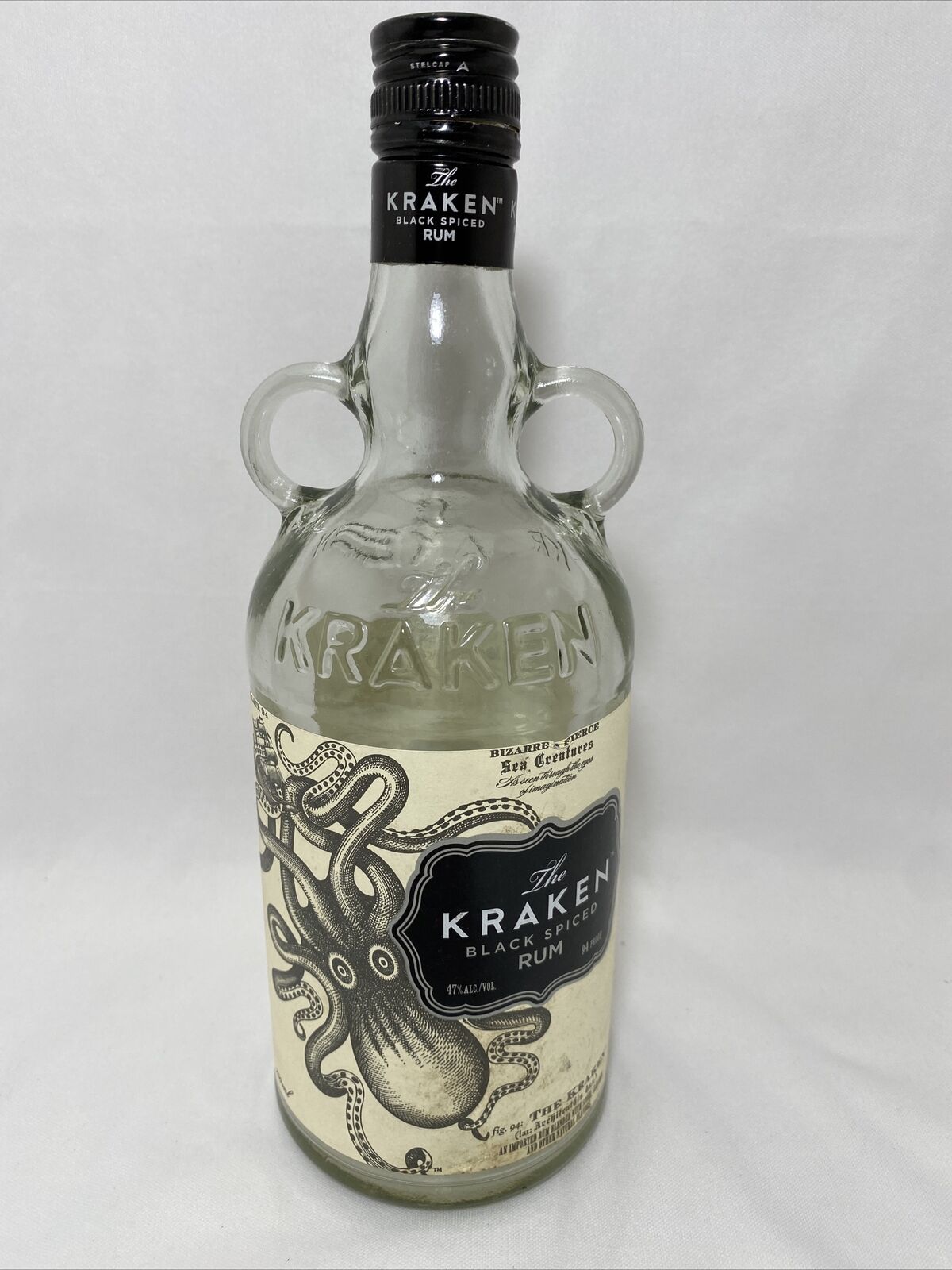 The Kraken Black Spiced Rum 750ml Empty Liquor Bottle Embossed Glass Letters Vtg