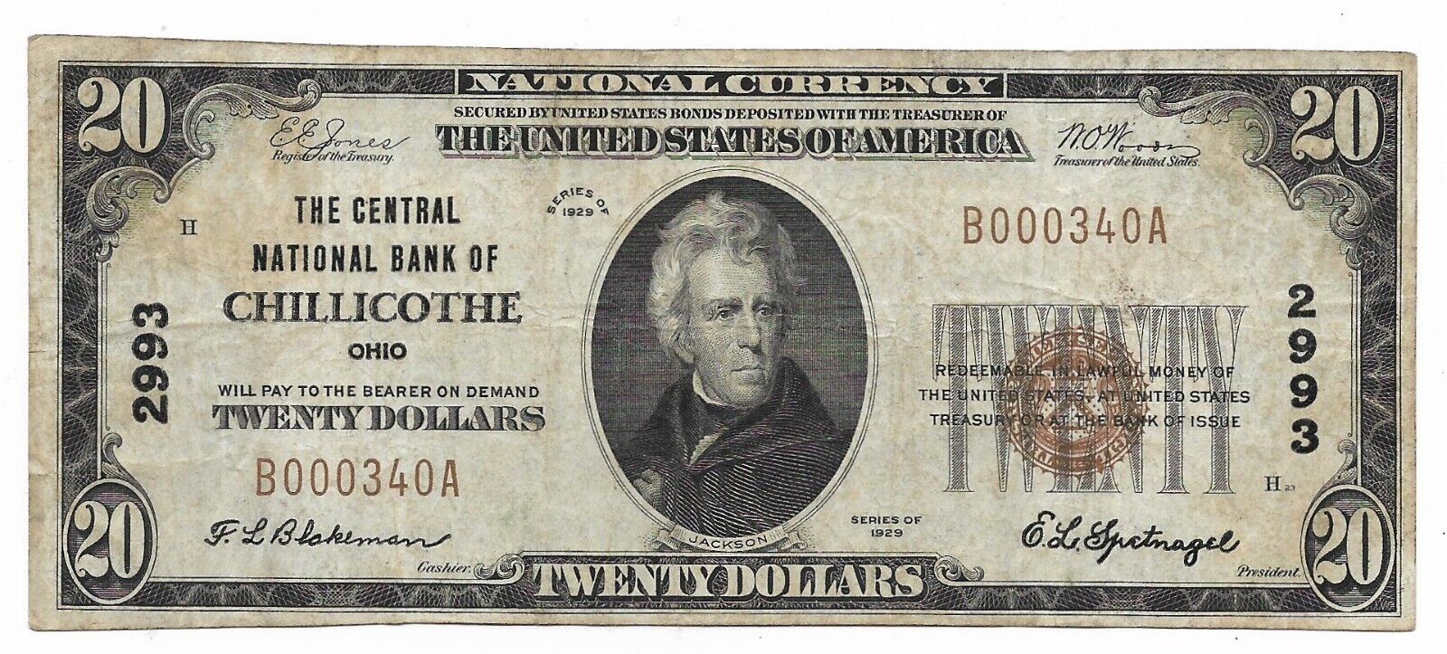 The Central National Bank Of Chillicothe  Ohio - 1929 $20 Note