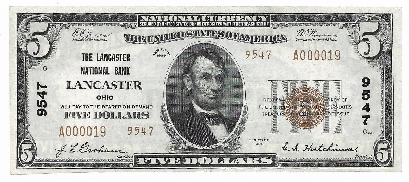 The Lancaster National Bank Of Lancaster Ohio - 1929 $5 Note - Ch 9547