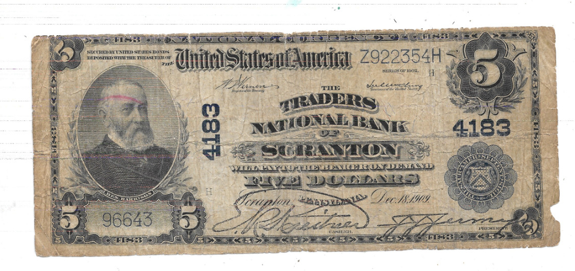 1902 $5 Large Trades National Bank Of Scranton Pennsylvania Charter 4183