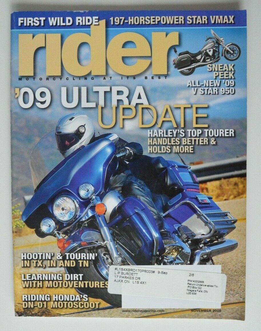 Rider November 2008 Honda Dn-01 Harley Flhtcu Electra Glide Yamaha Star Vmax