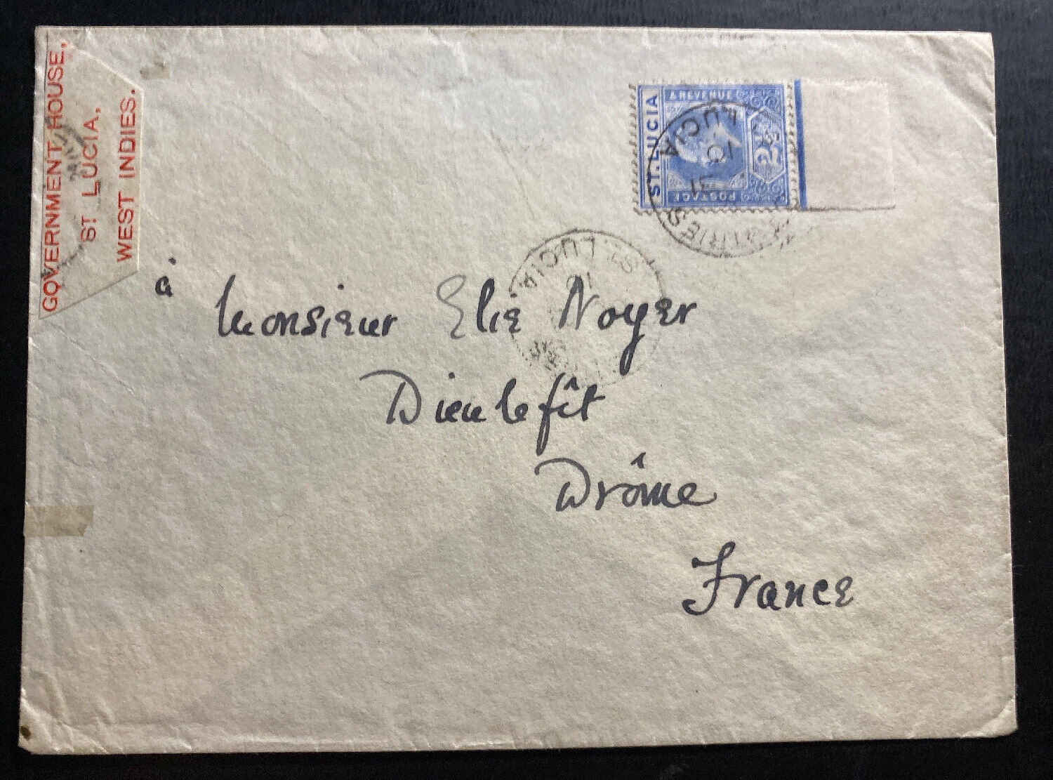 1910 Castries St Lucia Government House Cover  To Drone France