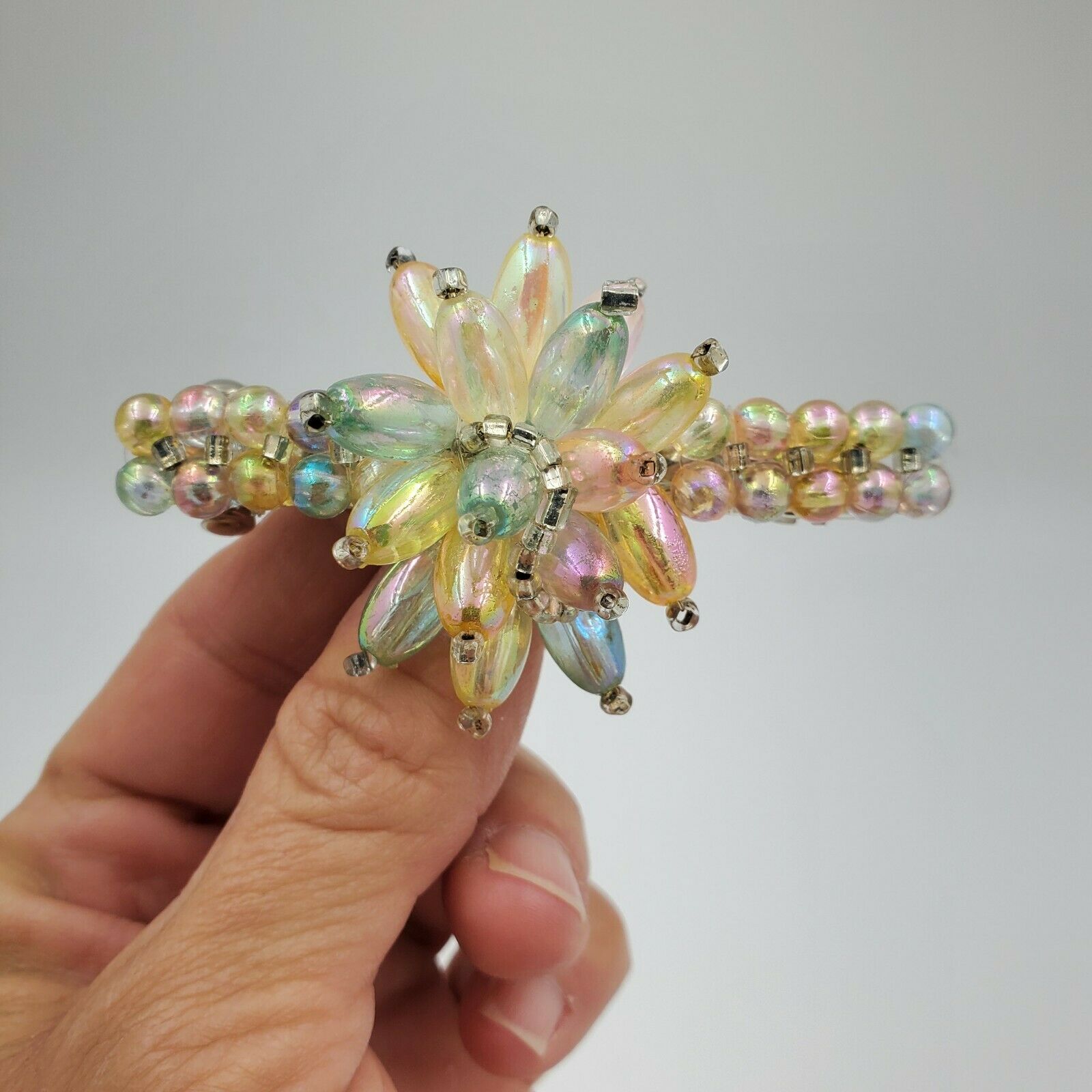 Vtg New Iridescent Multi-colored Silver Bead Flower Hair Barrette 80's Pink Blue