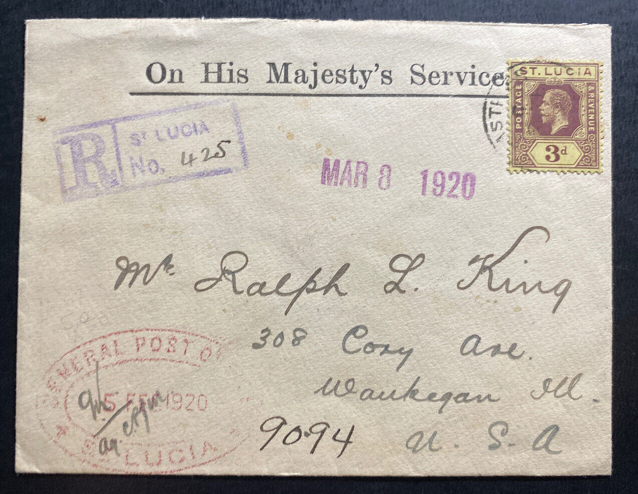 1920 Castries St Lucia On His Majesty Service Cover OHMs To Waukegan IL USA