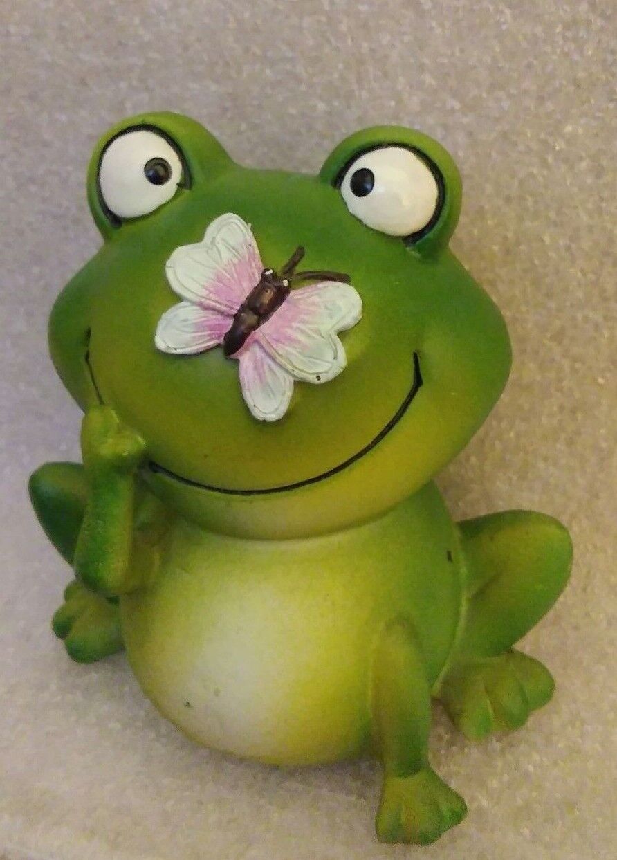 Green Frog Butterfly On Nose Figurine 4" H, Appx 3.5" W, 2.25" D Indoor/outdoor!