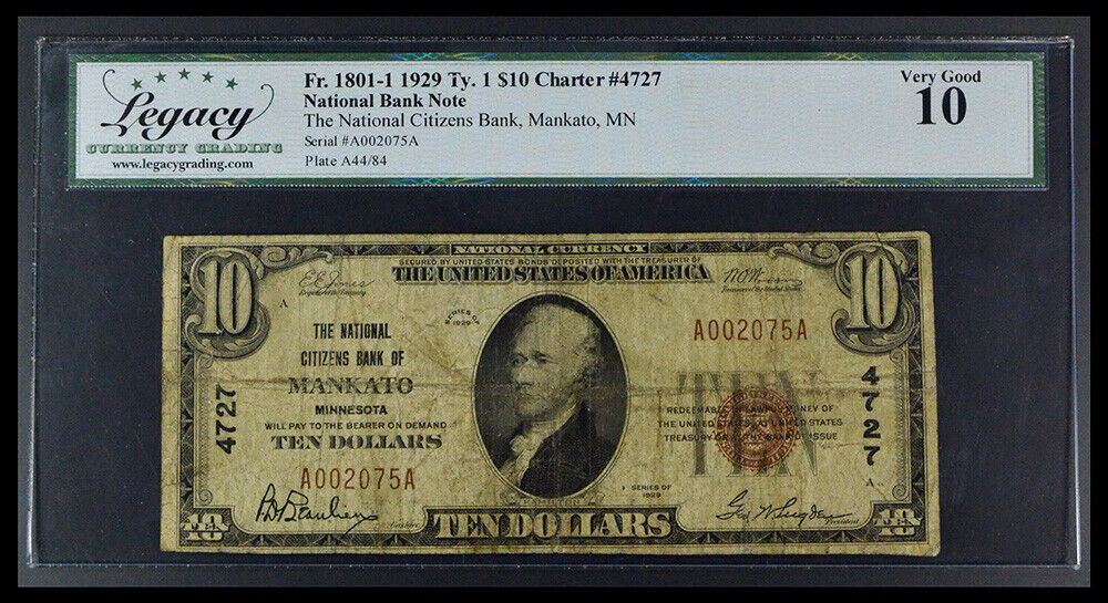 1929 Type 1 $10 Vg10 Charter #4727 Fr. 1801-1 Lcg National Bank Note