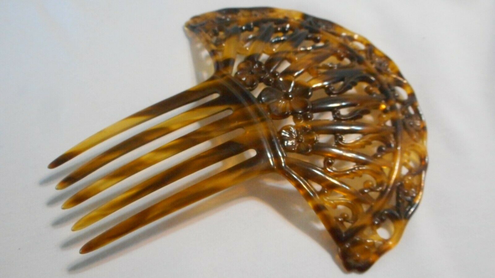 Large Vintage Faux Tortoise Sell Hair Comb Ornament Ornate Brown Marbled  (dh