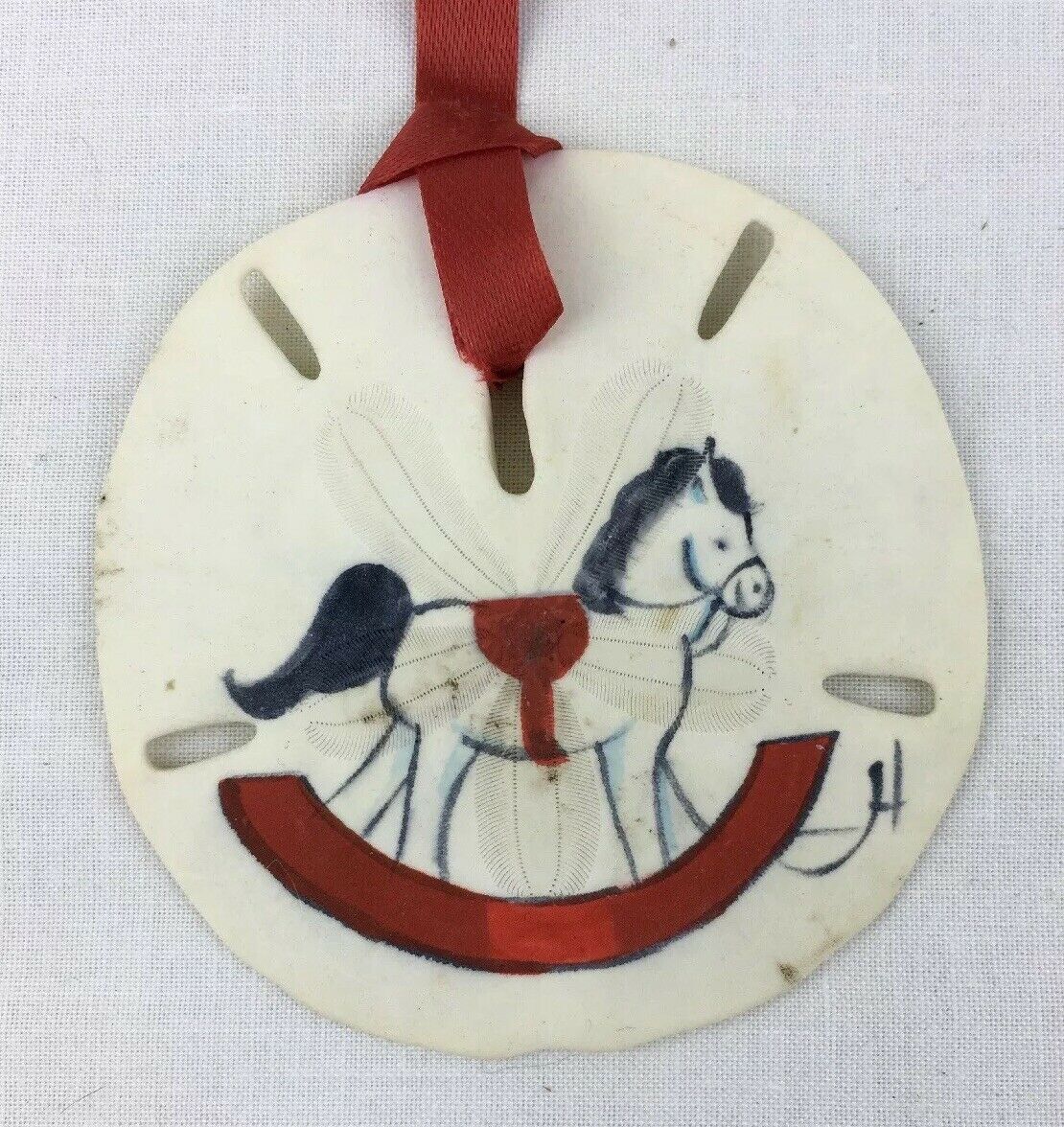 Vintage Rocking Horse Hand Painted Real Sand Dollar Christmas Ornament Sea Shell