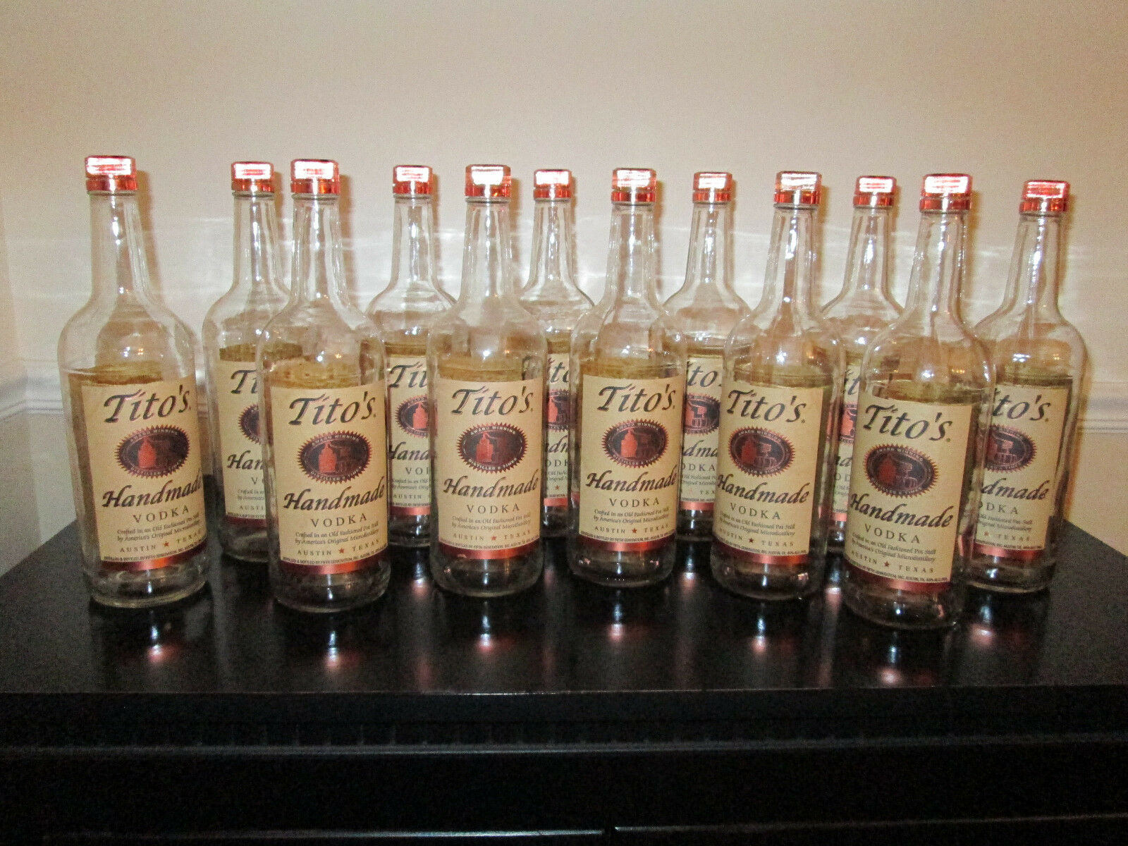 Lot Of 12 Empty 1 Liter Tito's Handmade Vodka Bottles With Caps