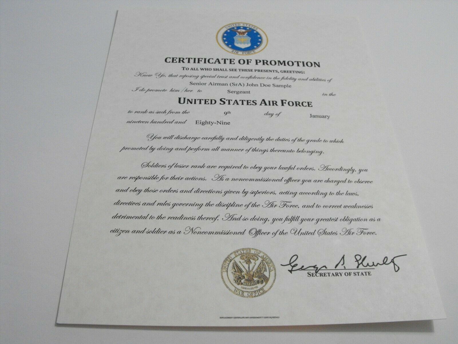 Certificate of Promotion NCO (United State Air Force) Replacement Certificate