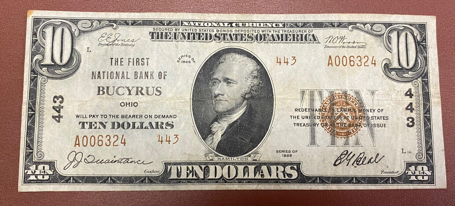 1929 $10 Bank Of Bucyrus Ohio**** Scarce U.s Bank Note