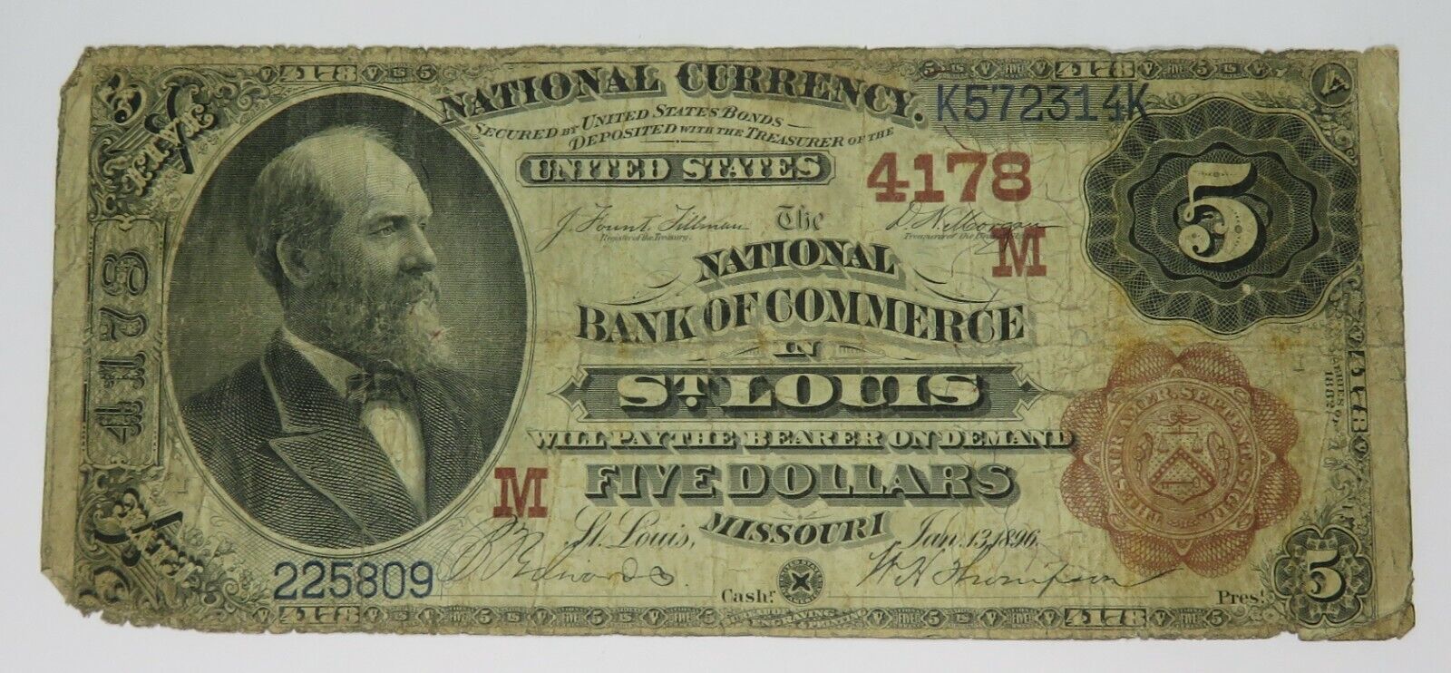 1896 $5 Charter 4178 Missouri St. Louis Fr 474 Us Currency Note Item #28674f
