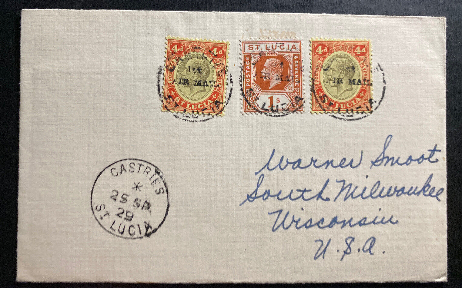 1910 Castries St Lucia First Flight Airmail Cover   FFC To Milwaukee WI USA