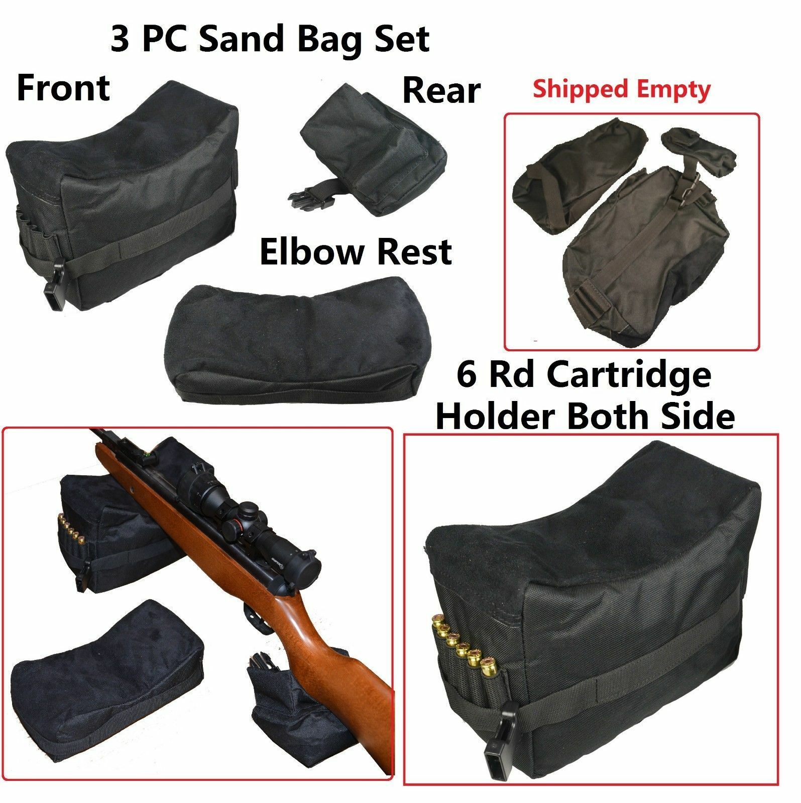 3 Pc Set Bench Rest Stand Shooting Range Sand Bags Front Rear And Elbow Rest