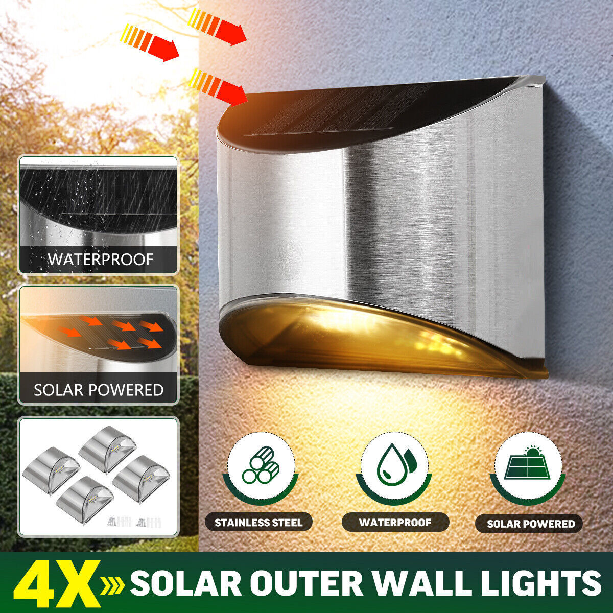 4x Super Bright Solar Powered LED Door Fence Wall Lights Outdoor Garden Lamp