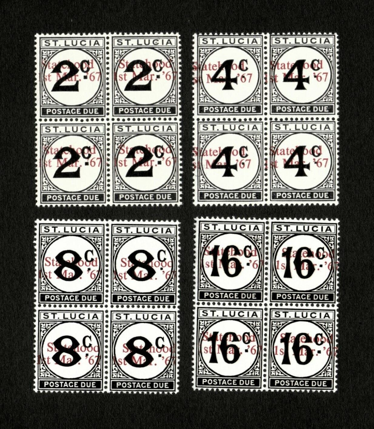 St. Lucia 1967 - Scott# J9-12 Postage Due With Overprint - 4v Blocks Of 4 - Mnh