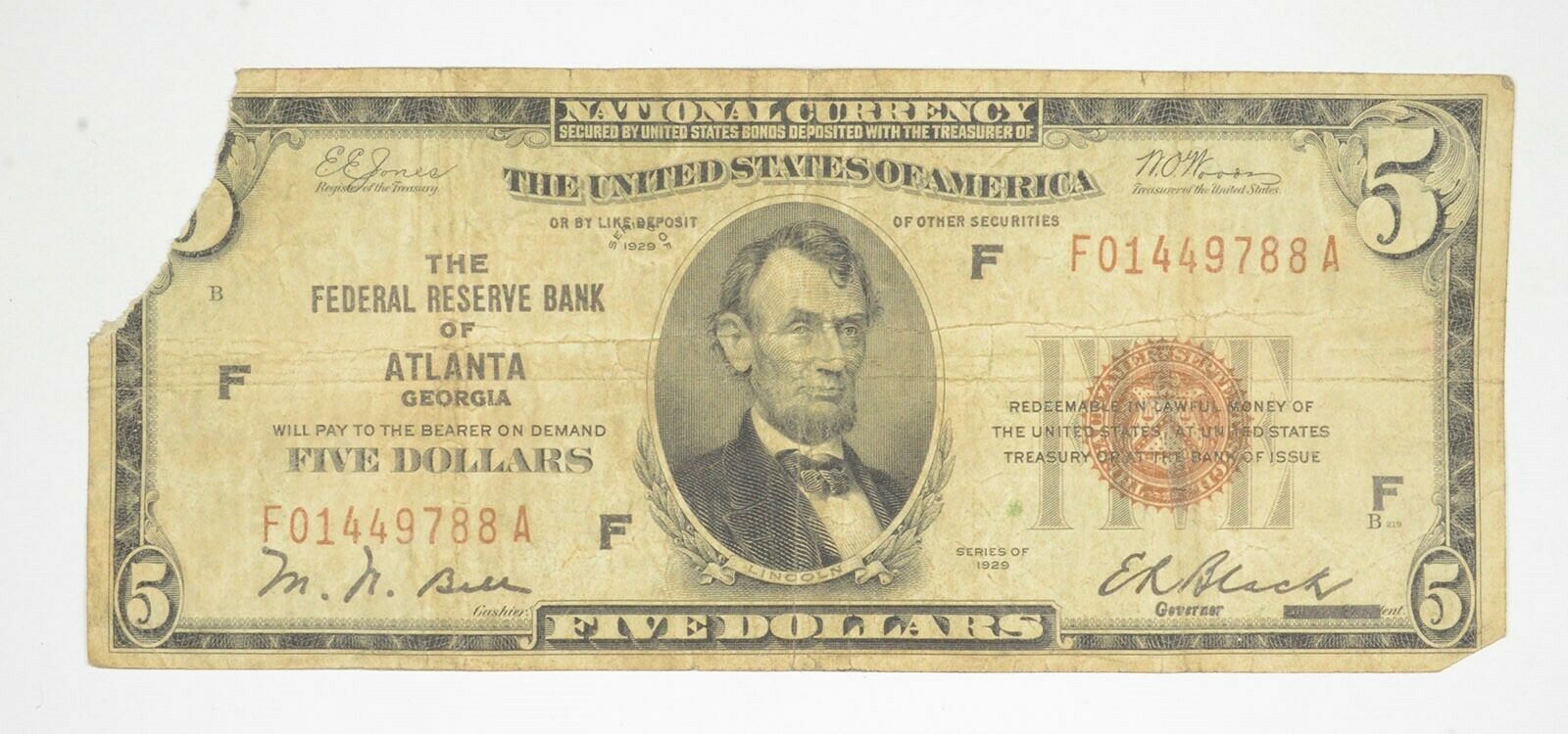 Rare 1929 $5 National Currency Atlanta, GA Federal Reserve Bank Brown Seal *946