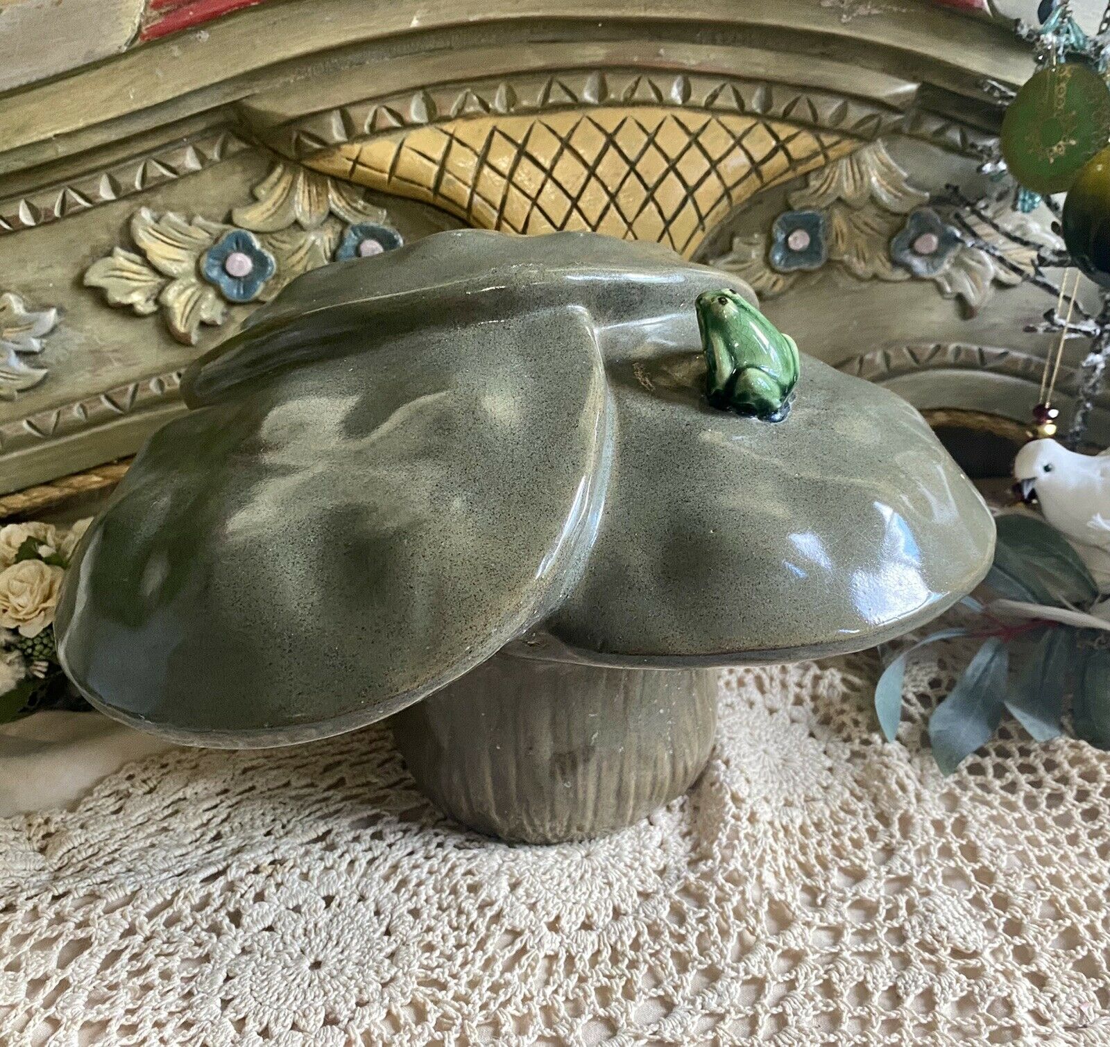 🍄antique Vtg Htf Ceramic Frog Toad Stool Mushroom Statue Fairy Garden Yard Art