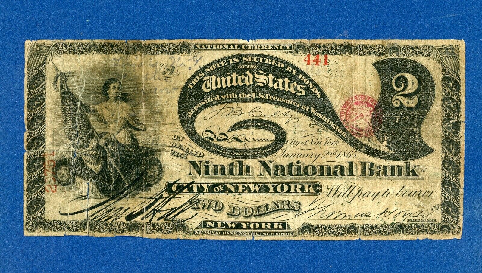 1875 $2 NINTH NATIONAL BANK CITY OF NEW YORK RARE LAZY DEUCE SER.# 441 SM TEARS