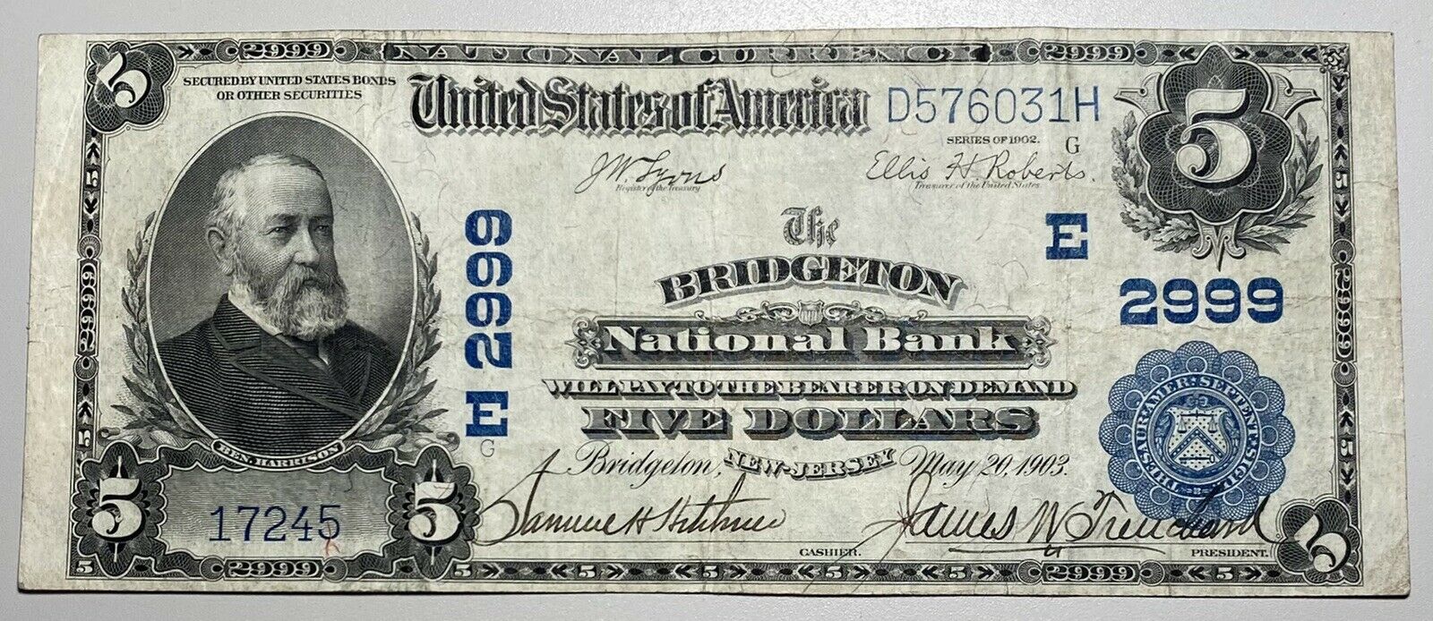 1902 $5 Bridgeton, Nj Large Size National Ch# 2999