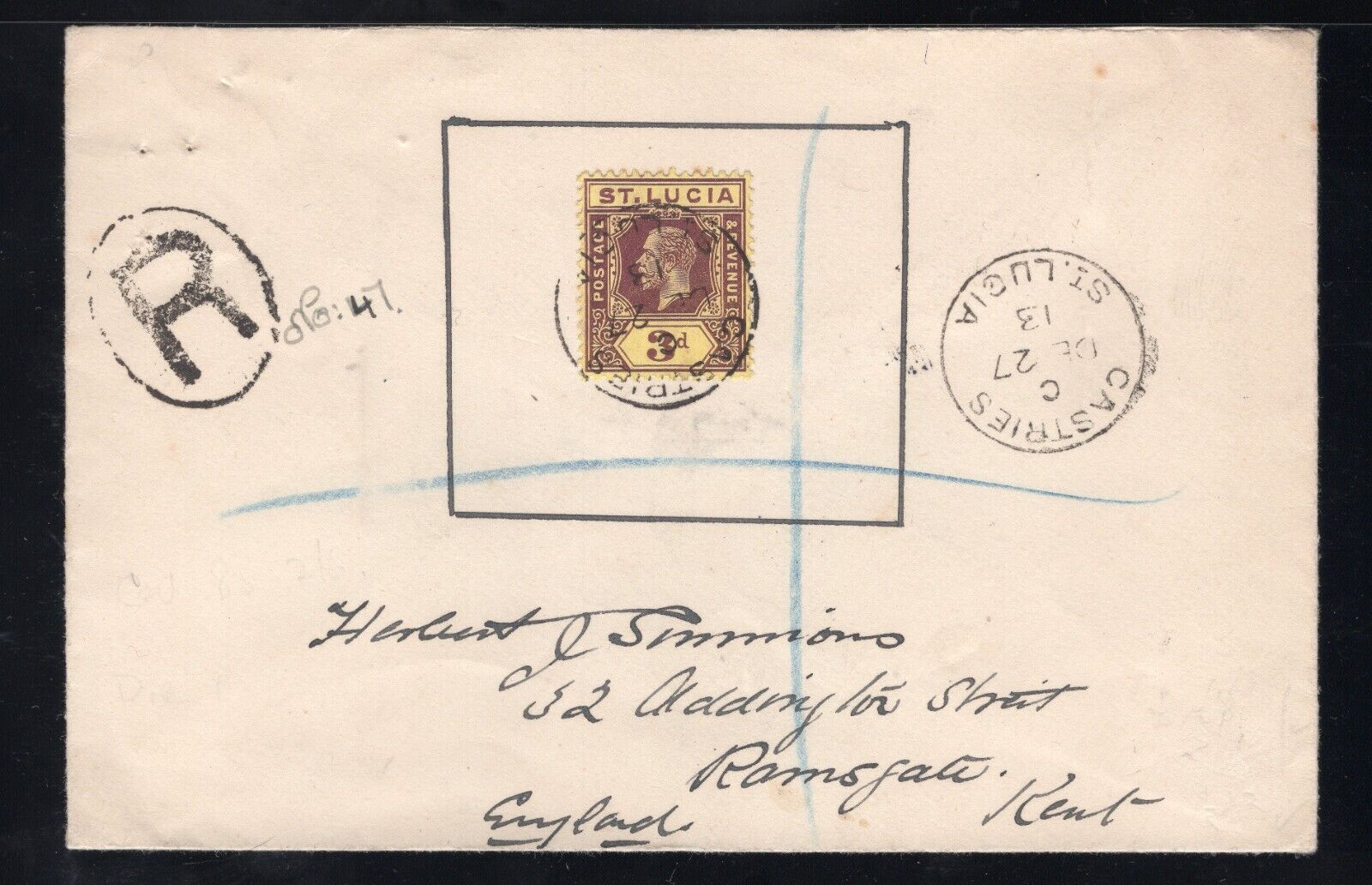 St. Lucia 1913 Registered Cover To Ramsgate, England With 3d George V, Scott 68