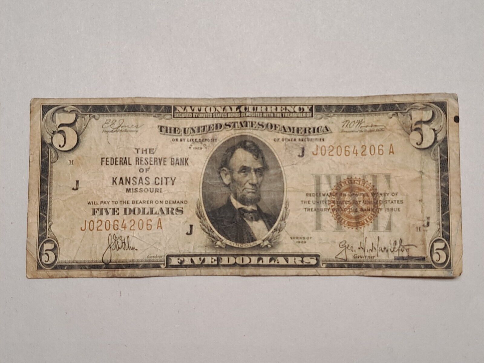1929 Five Dollar $5 US National Currency City Bank of Kansas City Missouri Note