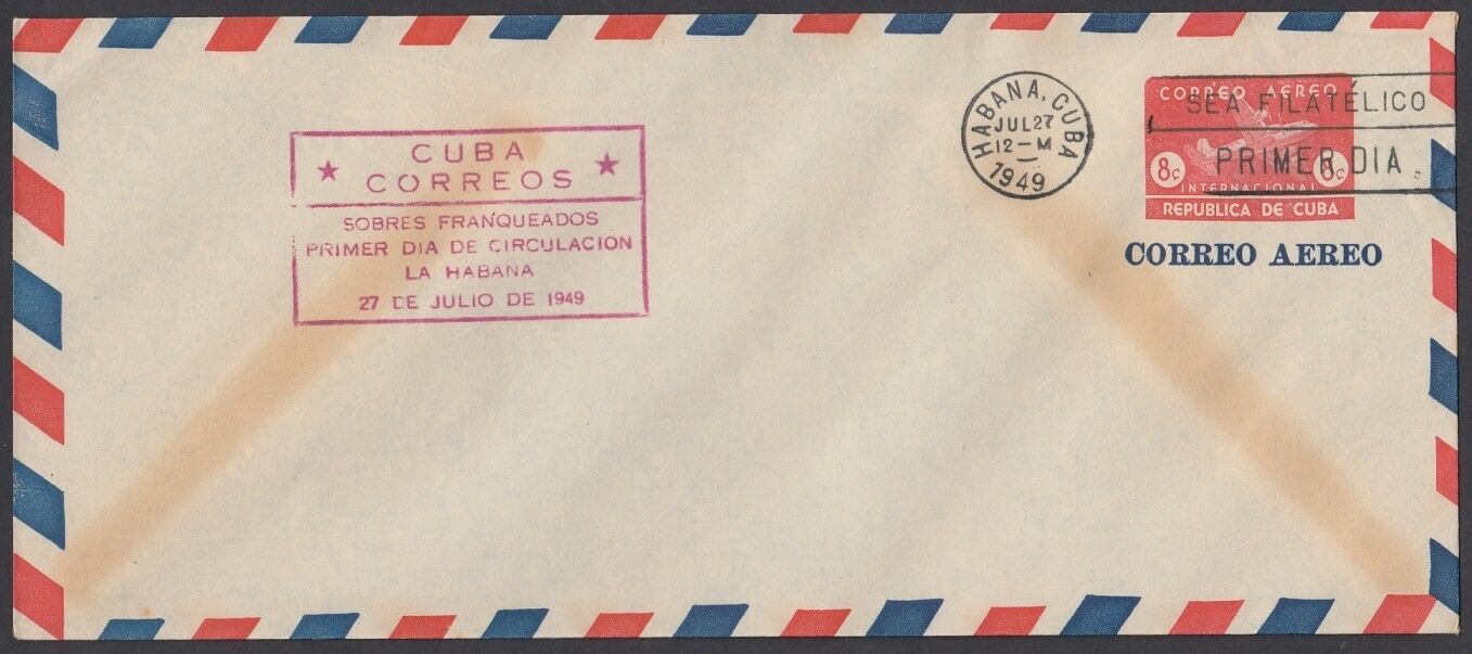 1949-EP-128 ANTILLES 1949 8c AIRPLANE POSTAL STATIONERY. FDC RED CANCEL