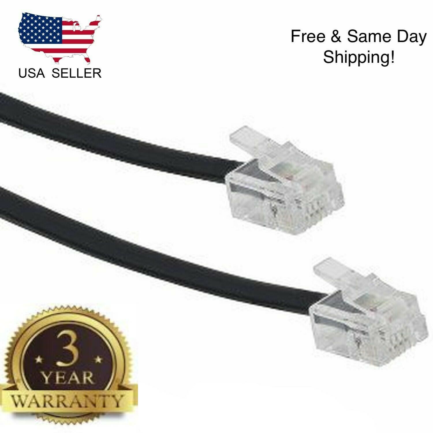 10ft Telephone Line Cord Cable Wire 6p4c Rj11 Dsl Modem Fax Phone To Wall Black