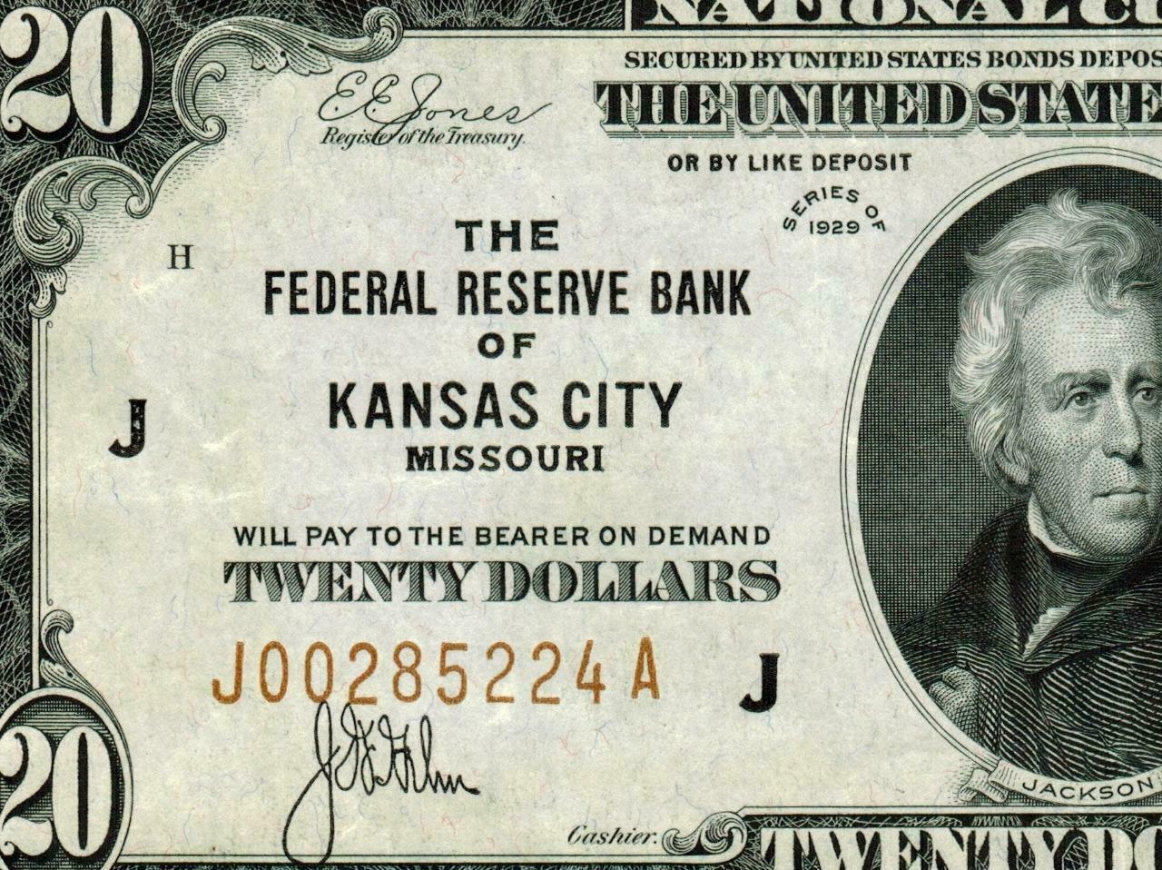 Kansas $20 1929 (( Higher Grade Au )) ** National Currency ** Currency Auctions