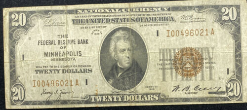 1929 National Currency $20 Bill Note Federal Reserve Bank of Minneapolis
