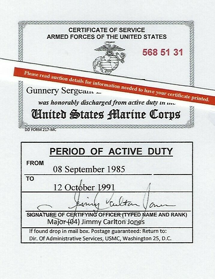 United States Marine Corps and Reserves Honorable Discharge Lam Card