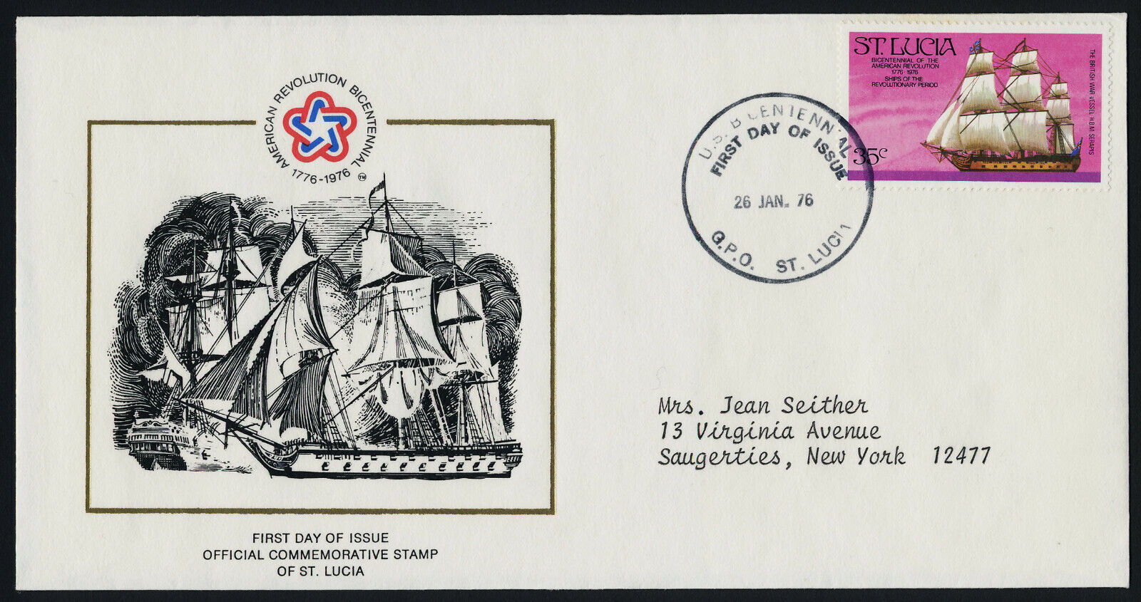 St Lucia 384 On Addressed Fdc - Sailing Ship, Warship, Us Bicentennnial