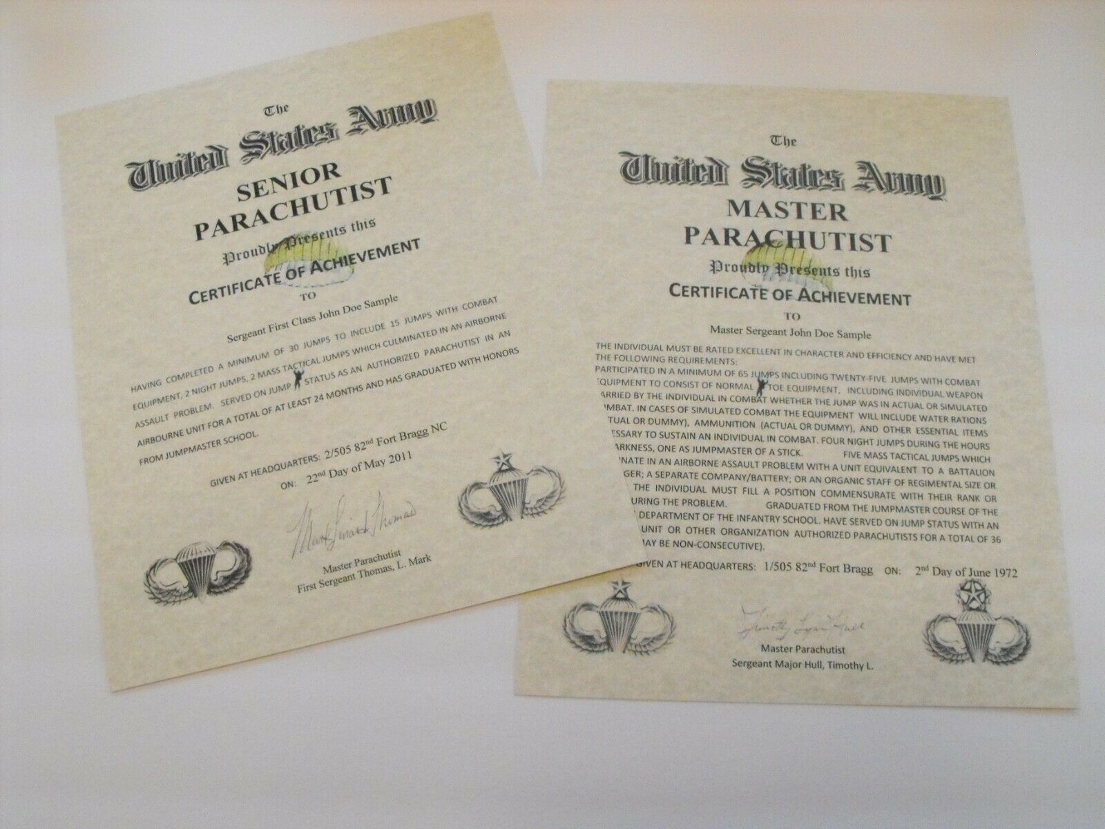 Senior and Master Parachutist Airborne Course Certificate US Army Navy USMC USAF