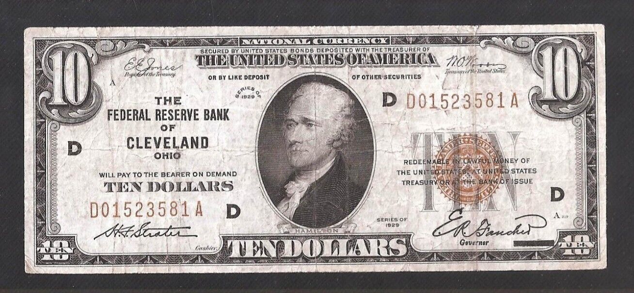 Beautiful *cleveland* 1929 $10 National, No Tears Or Pinholes