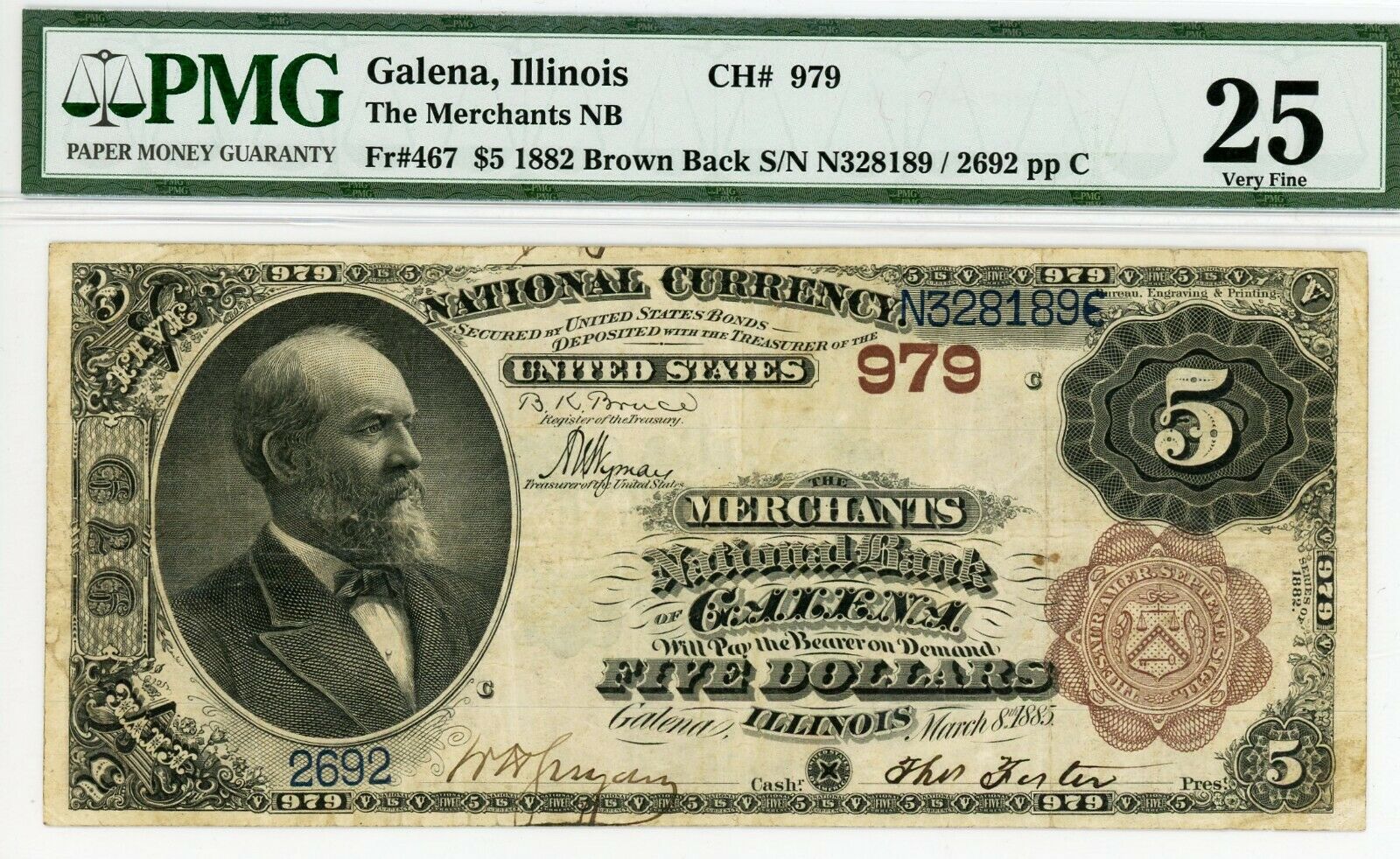 Galena, Illinois  Merchants National Bank  $5 1882 Bb  Ch# 979  Fr#467  Pmg 25