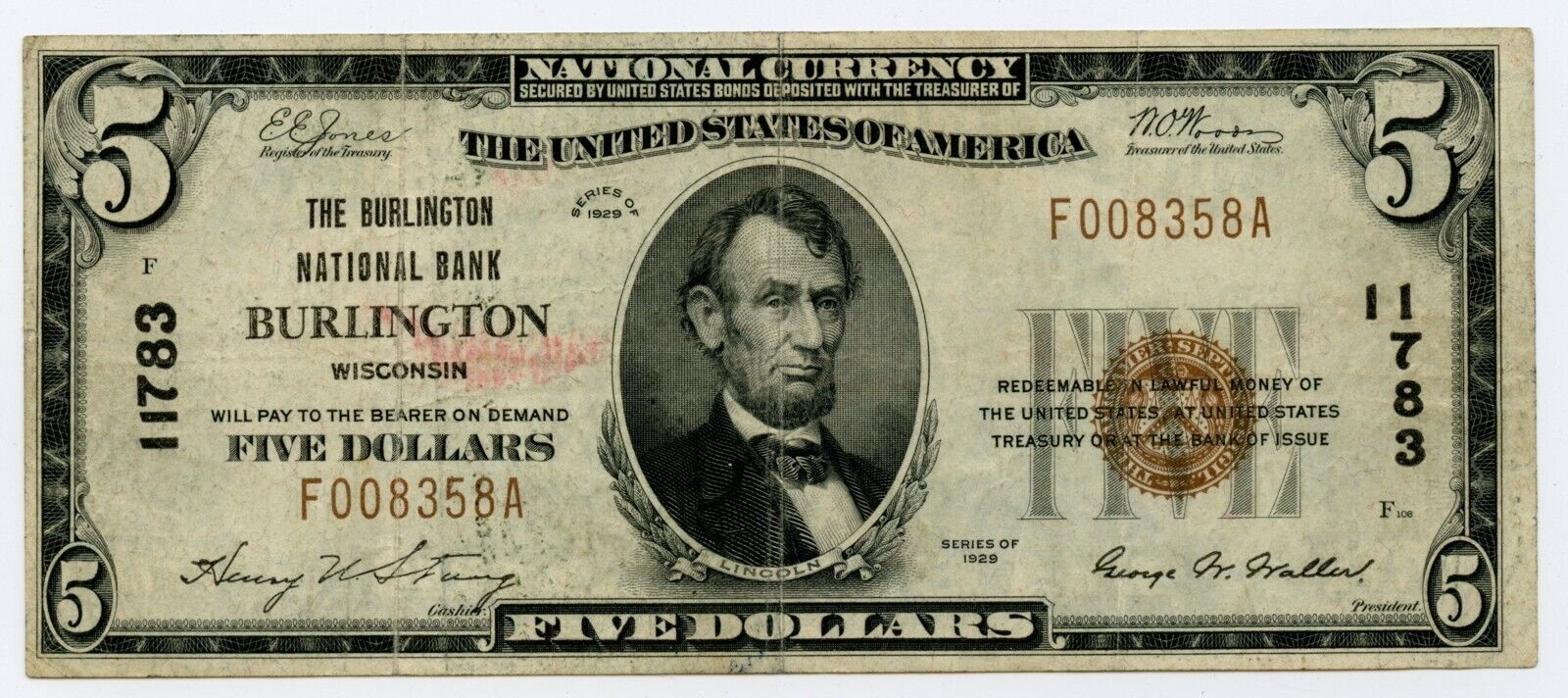 1929 Type 1 $5 National Currency Burlington National Bank Of Burlington Wi 11783