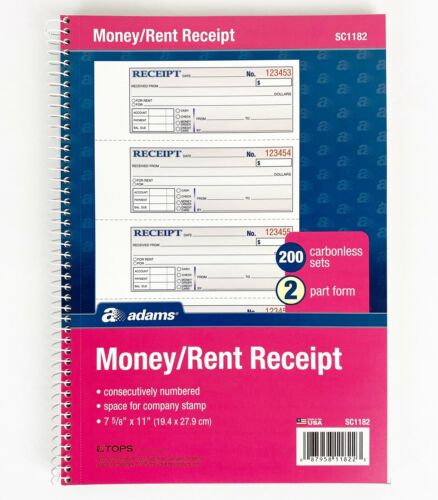 Adams Money / Rent Receipt Book, 2-part Carbonless, 7-5/8" X 11" Spiral 200 Sets
