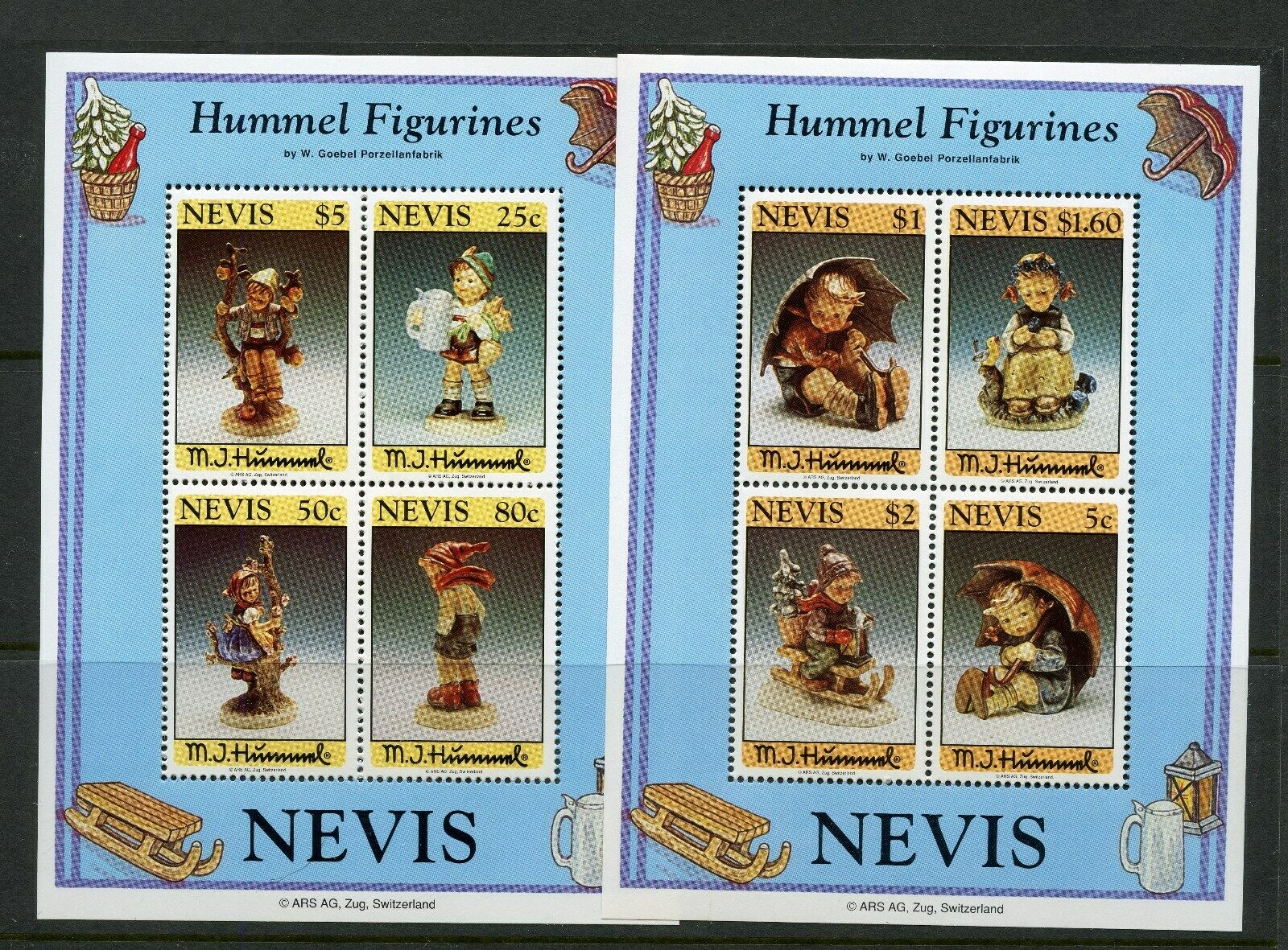 NEVIS HUMMEL FIGURINES SOUVENIR SHEETS MINT NH--SCOTT VALUE $13.00