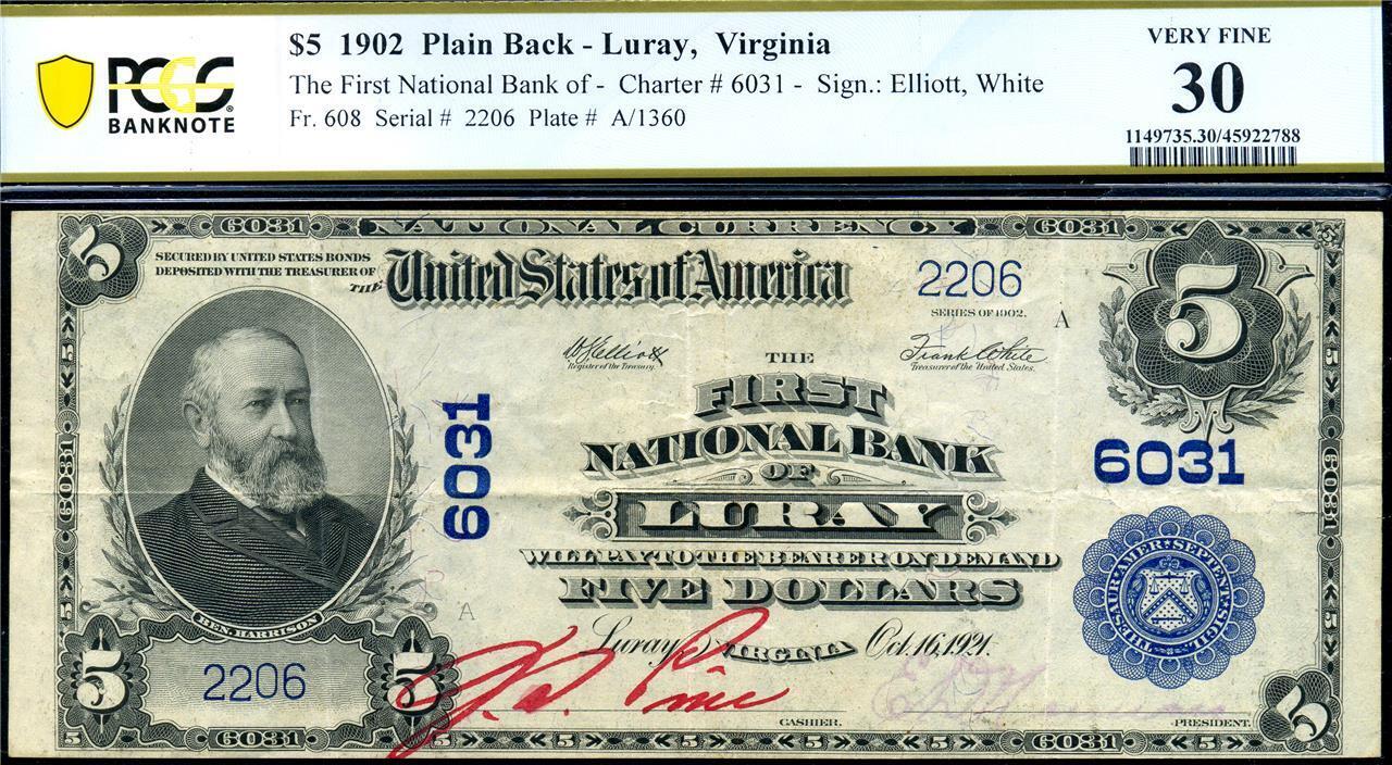 HGR SATURDAY 1902 $5 LURAY Virginia (RARE Bank + Finest Known - READ) PCGS VF-30