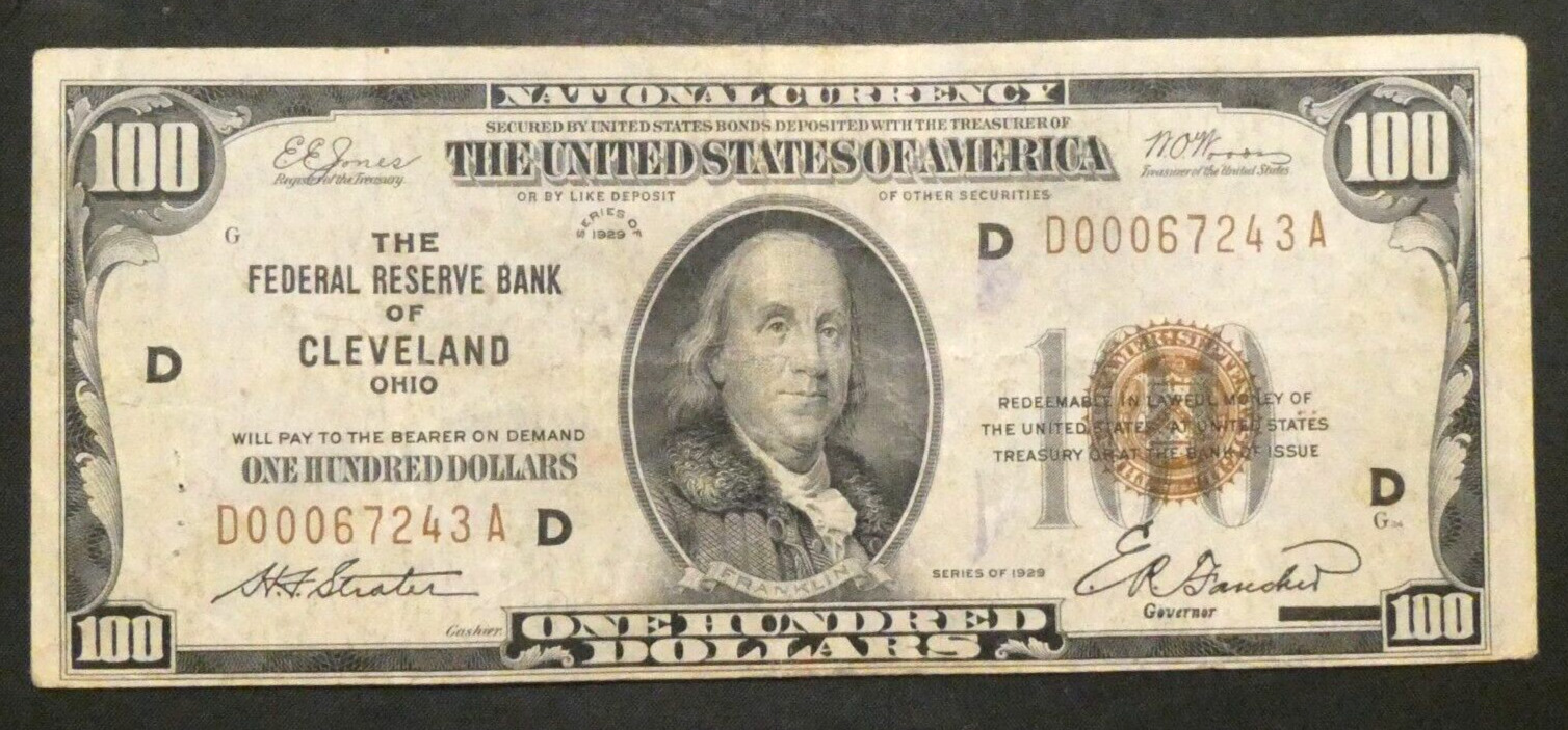 1929 $100 Us National Currency Cleveland Ohio Note Bill Paper Money