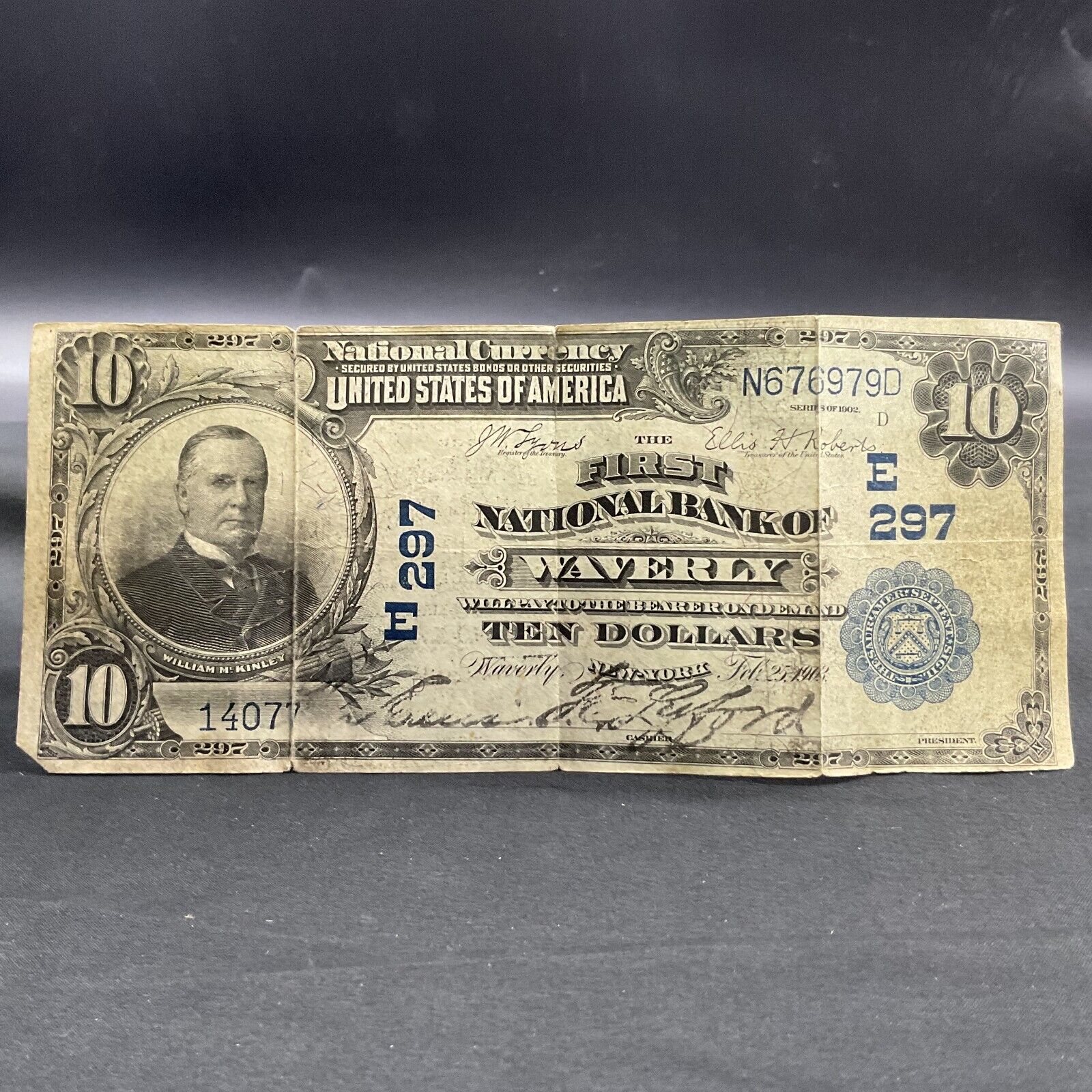 T519 Antique Series 1902 10 Dollar National Currency Bank Note Waverly NY