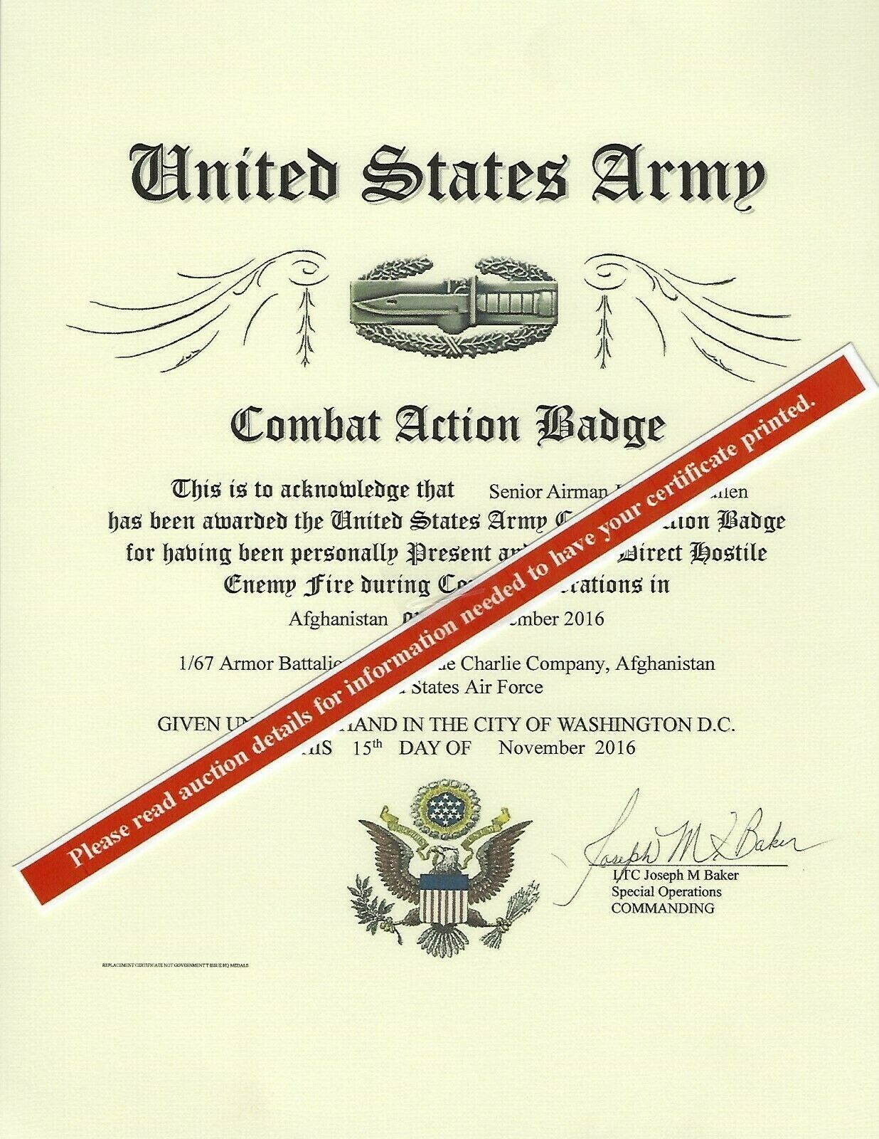 Army Combat Action Badge Medal Replacement Certificate CAB