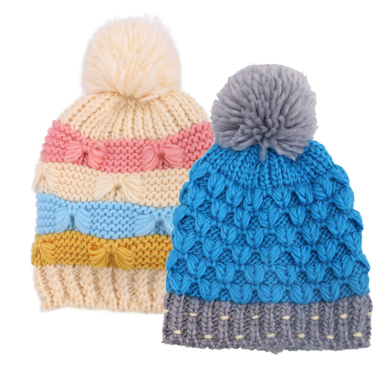 2 Pcs Set Kids Toddlers Chunky Cable Knit Yarn Pompom Beanie Winter Warm Hat Cap
