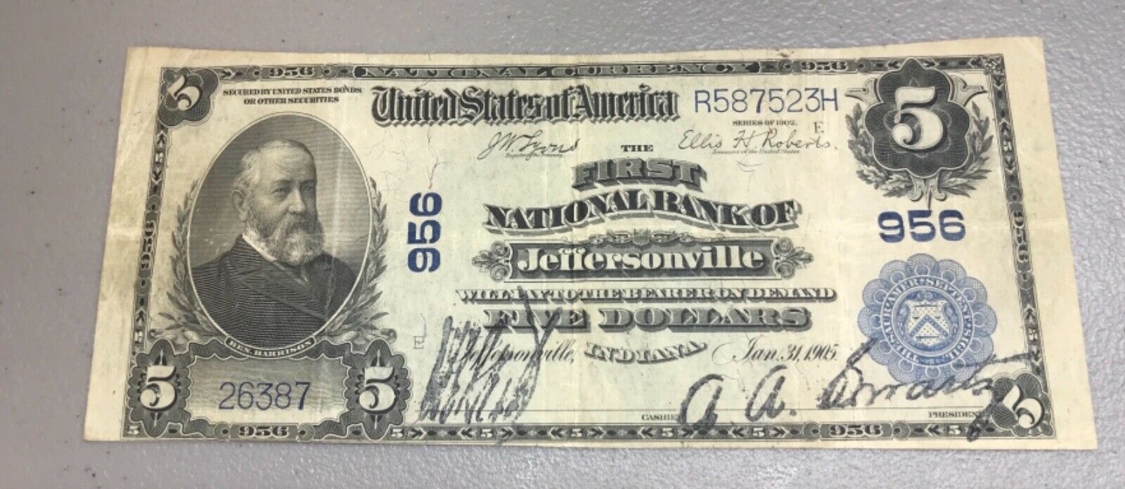 Jeffersonville , Indiana, First national bank , 1902 PB $5 , Very fine
