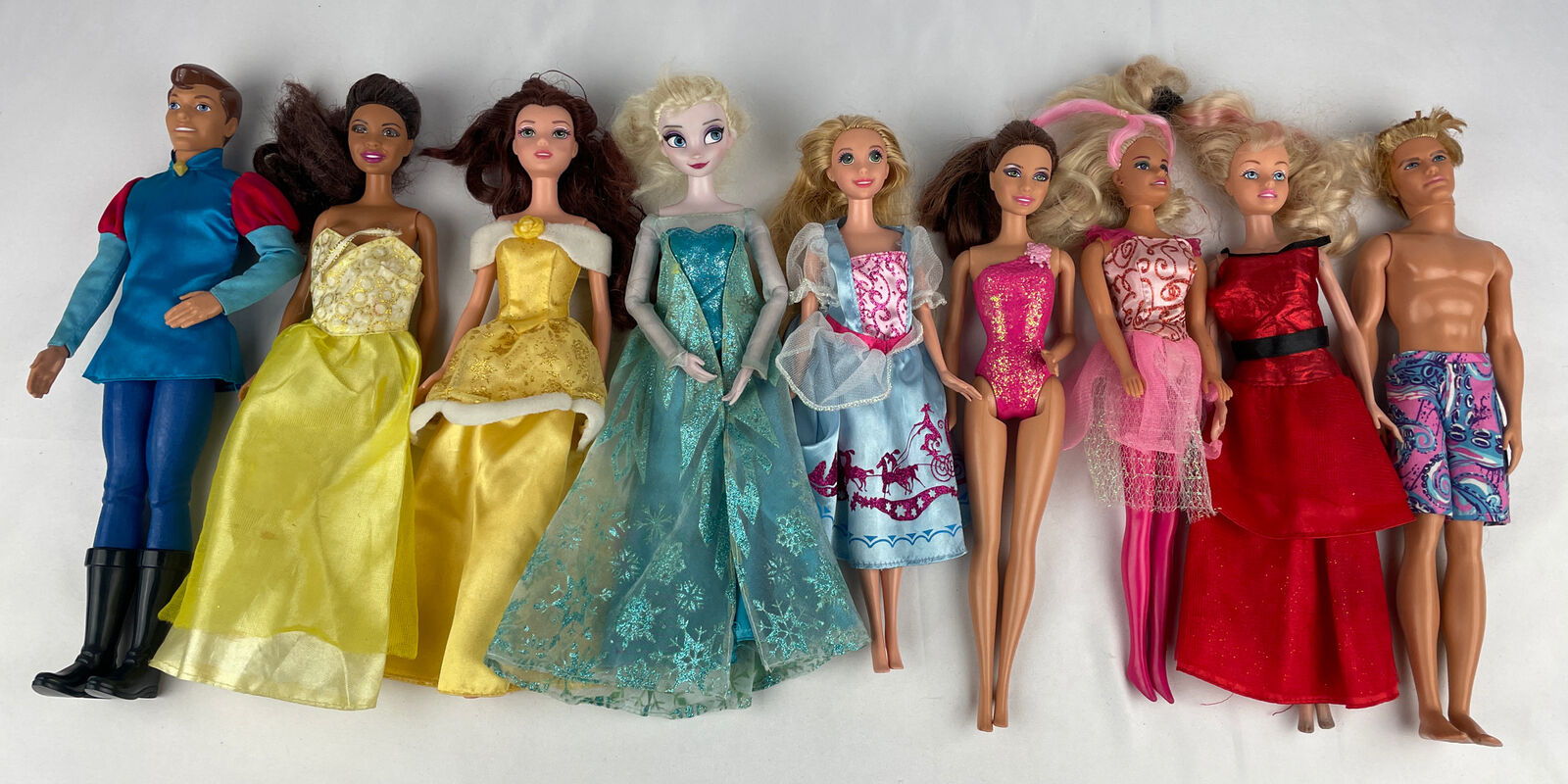 Lot Of 9 Barbie Ken Doll Mattel Disney Dolls Elsa Belle
