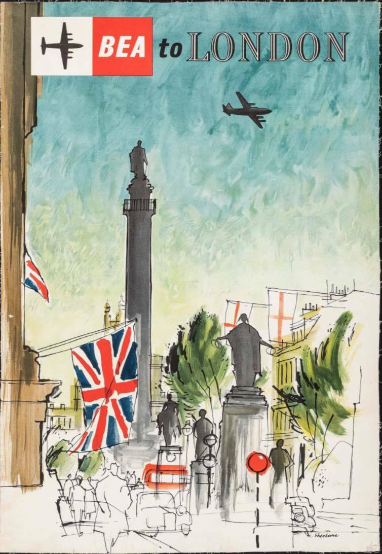 Bea British European Airways London Vintage 1956 Travel Airlines Poster Linen