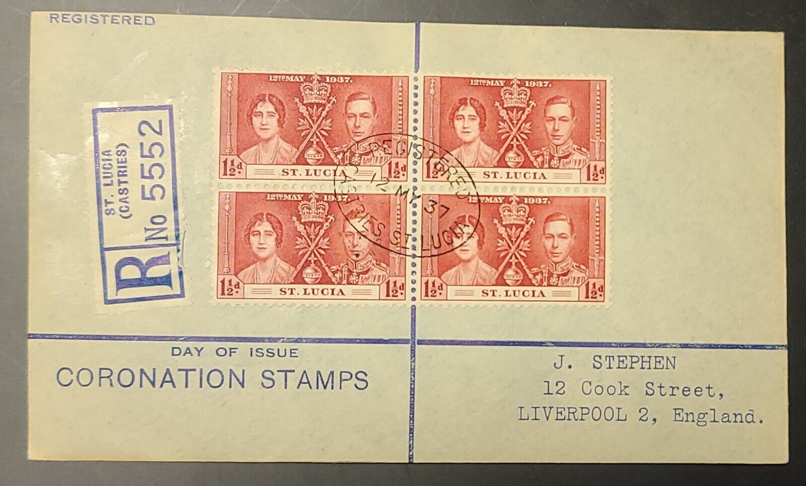 1937 Castries St Lucia First Day Cover BLK REGISTERED Coronation King George VI