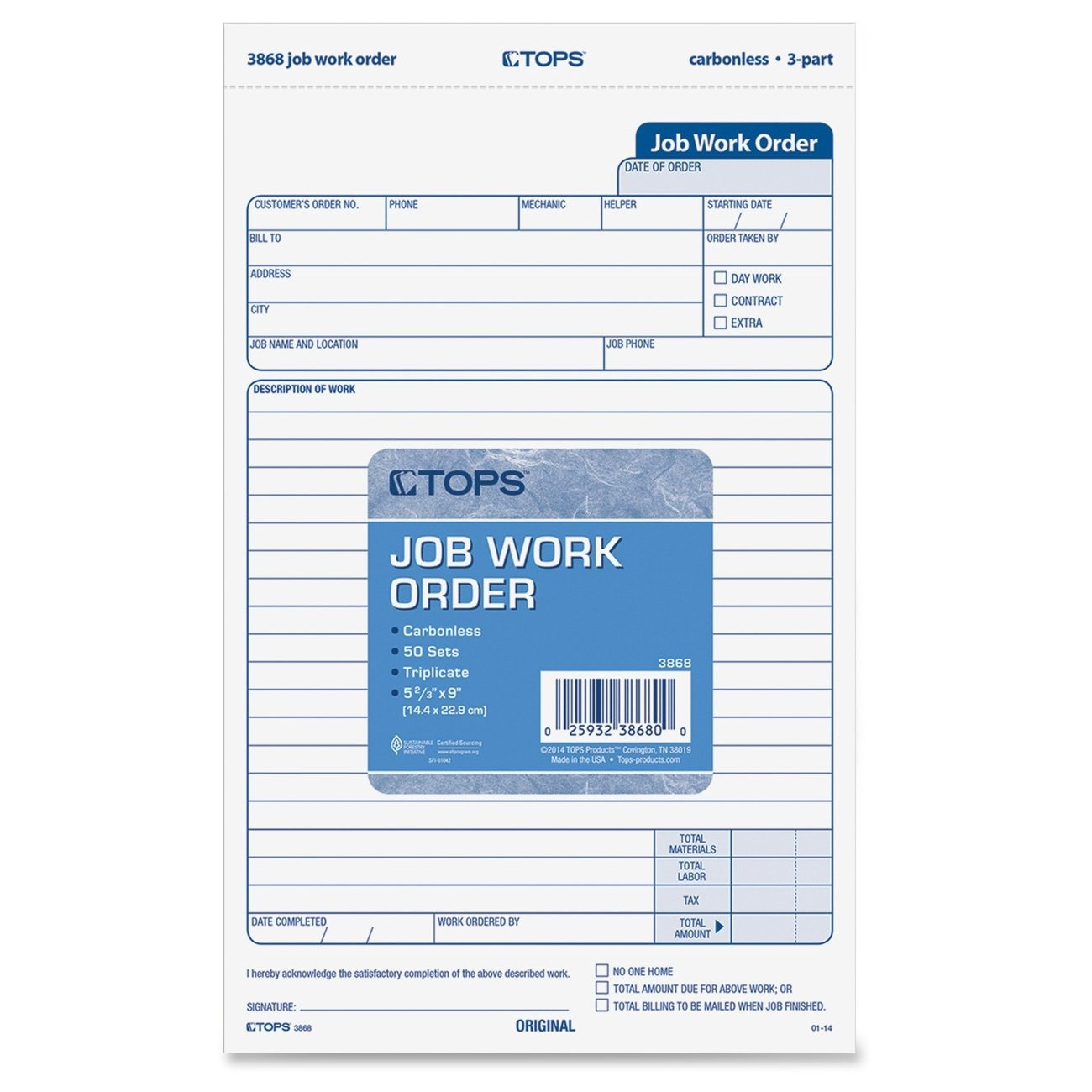 TOPS 3868 Snap-Off Job Work Order Form, 5 2/3