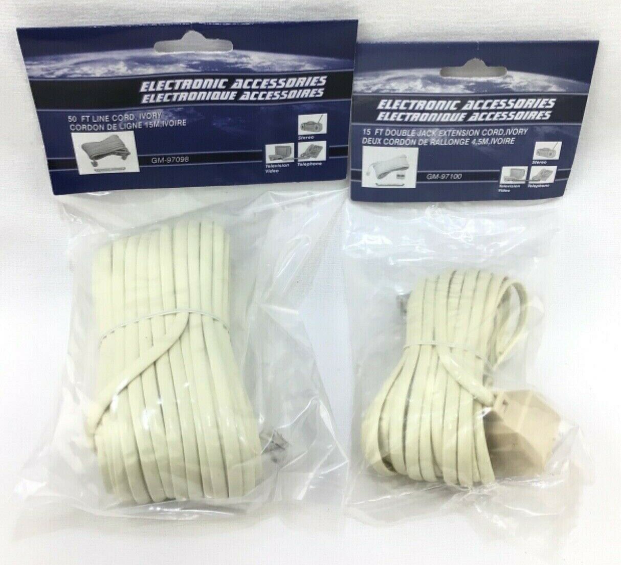 50 FT Telephone Line Cord Phone & 15 FT Double Jack Extension Cable Ivory Sealed