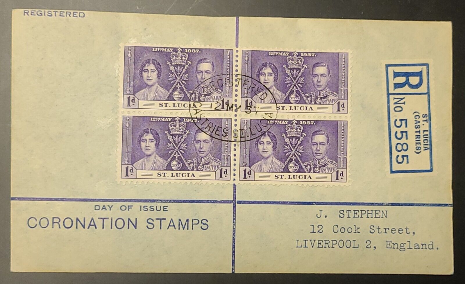 1937 Castries St Lucia First Day Cover BLK REGISTERED Coronation King George VI